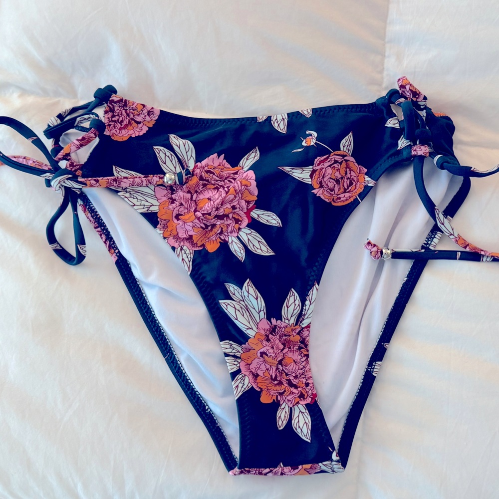 Navy Floral Bikini Bottom with Side Ties